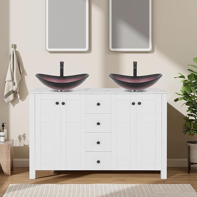 48 Inch White Bathroom Vanity with Marble Texture Top and 4 Drawers, Modern Standing Pedestal Cabinet with Two Boat Pink Glass Vessel Sinks
