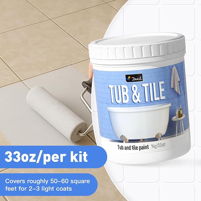 DWIL Tub and Tile Refinishing Kit, Water Based Tile Paint, Quick-Dry Tub Paint Low Odor for Bathroom, Kitchen, Toilets, Semi-Gloss Light Gray, 50-55sq.ft, 33oz