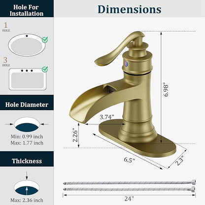 Brushed Gold Waterfall Bathroom Faucet Single Handle Bathroom Sink Faucet | 1 Hole or 3 Hole Sink Brass Waterfall Faucet for Vintage Antique Lavatory Washroom with Pop Up Drain Deck Plate by BATHLAVISH