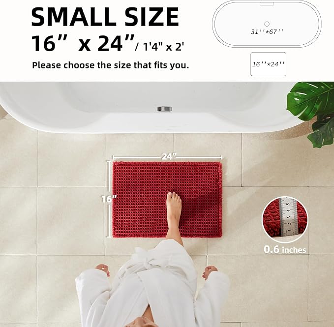 TYUU Waffle Bath Mat, Small Boho Bathroom Rugs Non Slip 24x16 Burgundy | Super Absorbent Quick Dry Bath Rug, Non-Slip Backing, Soft Waffle Washable Farmhouse Bathroom Mats, Tub, Shower & Home Decor