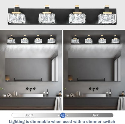 Bathroom Vanity Lights Over Mirror,4-Light Dimmable 5CCT Led Vanity Lights Black Gold Crystal Wall Sconce Lighting 29.92 inches Modern Vanity Light for Bathroom,Bedroom,Living room(3000K-6000K）