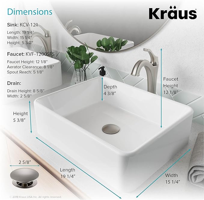 KRAUS Elavo 19-inch Modern Rectangular White Porcelain Ceramic Bathroom Vessel Sink and Spot Free Arlo Faucet Combo Set with Pop-Up Drain, Stainless Brushed Nickel C-KCV-121-1200SFS