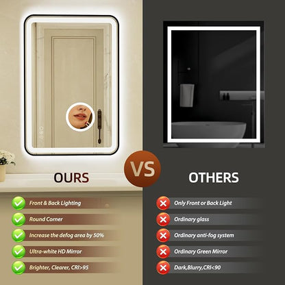 24x36 Inch Black Framed LED Bathroom Mirror with Lights,Magnifying Tempered Glass, Dimmable Lighted Bathroom Vanity Mirror with 3 Colors, Backlit + Frontlit,Anti-Fog