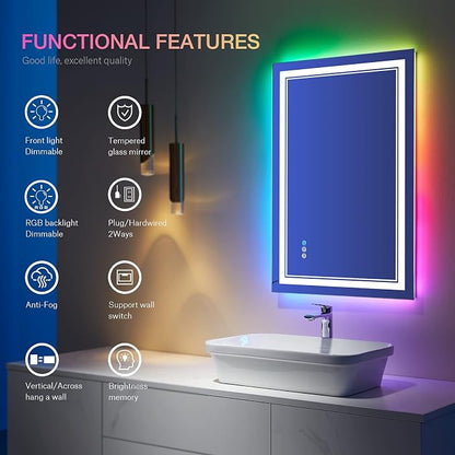 24x36 Inch RGB LED Bathroom Mirror with Lights | Front and RGB Backlit, Dimmable, Memory, Anti Fog, Shatterproof, Horizontal/Vertical, Lighted Mirrors for Bathroom Wall