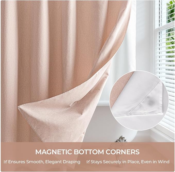 River Dream Linen Textured No Hooks Shower Curtain with Liner,Pink,71x74 | Mesh Top Window,with Snap-in Liner,Heavy Duty Fabric,Quick Dry,Bottom Magnets,Water-Repellent,Washable,Farmhouse Bathroom Set