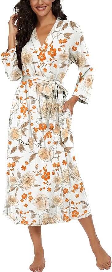 VINTATRE Women Kimono Robes Long Knit Bathrobe Lightweight Soft Knit Sleepwear V-neck Casual Ladies Loungewear