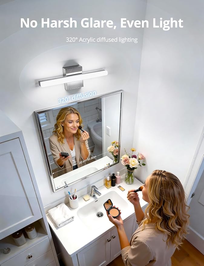 Combuh Modern Bathroom Light Fixtures Over Mirror, Vanity Lamp Bar Chrome | Small 16 Inch, Soft Shadow Free, Linear Design, Wall Mounted, Lampara para Baño sobre Espejo, 5 Colors Adjustable, 2 Pack