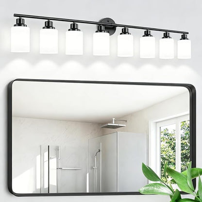 8-Light Vanity Lights, Black Bathroom Light Fixture with Striped Textured Milky White Glass Shade, Modern Vanity Lighting Fixture for Bathroom Wall Light Over Mirror, E26 Wall Sconce