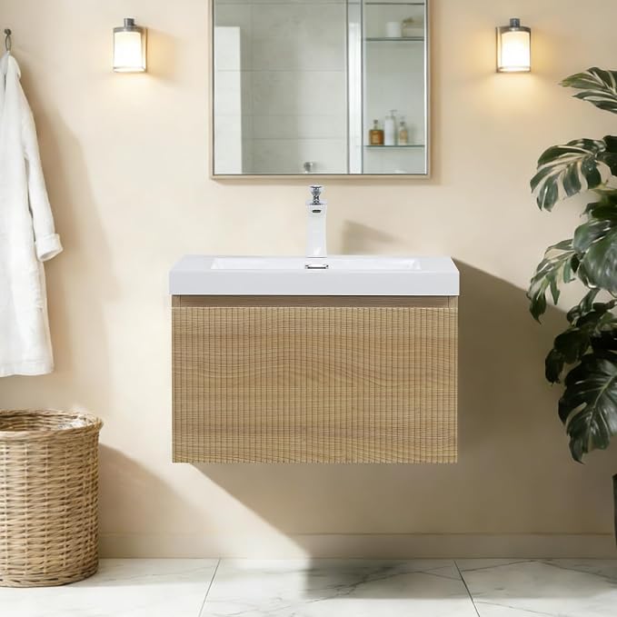 24 Inch Floating Bathroom Vanity with Sink, Natural Oak | Storage Cabinet Wall Mounted Striped Cabinet, Glossy White Solid Surface Basin, Soft Close Drawers, Fully Assembled