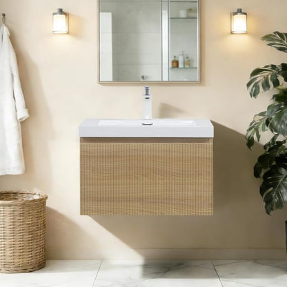 24 Inch Floating Bathroom Vanity with Sink, Natural Oak | Storage Cabinet Wall Mounted Striped Cabinet, Glossy White Solid Surface Basin, Soft Close Drawers, Fully Assembled