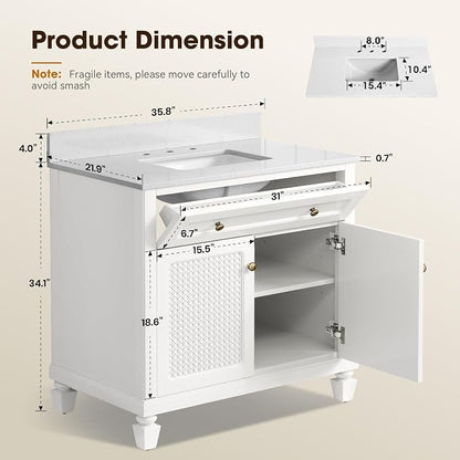 36 Inch Bathroom Vanity with Sink, White, 2 Pack | Solid Wood Bathroom Cabinet with Marble Countertop & Backsplash, Soft Closing 2 Doors & Drawer