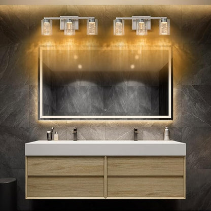 SineRise 3-Light Brushed Nickel Vanity Light with 3 Color Modes (3000K/4000K/6000K), Eye Protection LED Bathroom Light Fixture, Dimmable Modern Wall Light Over Mirror with Clear Glass Shade