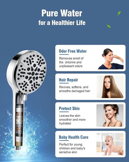 Filtered Shower Head with Handheld, BOWGER 6 Modes High Pressure Shower Heads with Power Wash Mode and Hard Water Filter, Detachable Hand Held Showerhead Set with Extra Long Hose, Chrome