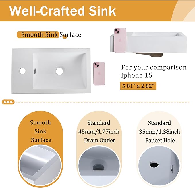 Malwee 18" Floating Bathroom Vanity with Sink, 18 Inch Wall Mounted Bathroom Cabinet Single Sink Combo, with 1 Soft Close Door and White Resin Basin Top for Small Space, Space-Saving Design (005-18)