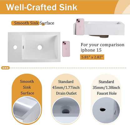 Malwee 18" Floating Bathroom Vanity with Sink, 18 Inch Wall Mounted Bathroom Cabinet Single Sink Combo, with 1 Soft Close Door and White Resin Basin Top for Small Space, Space-Saving Design (005-18)