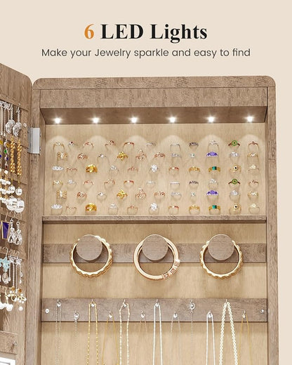 LVSOMT Standing Jewelry Mirror Organizer 6 LED Swivel Jewelry Cabinet Wood | Framelss Full Length Mirror with Jewelry Storage, Lockable Jewelry Armoire with 4 Rear Shelves and Hooks for Women Gift