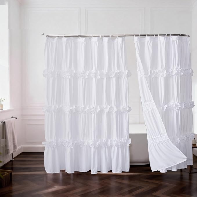 Homechoice Decor White Shower Curtain 2 Pack, 72" W x 72" L x 2 Panels | Double Panels for Easy Access, Soft Brushed Texture, Elegant Ruffle Design, Hotel-Style Bathroom Décor (LQ-44)