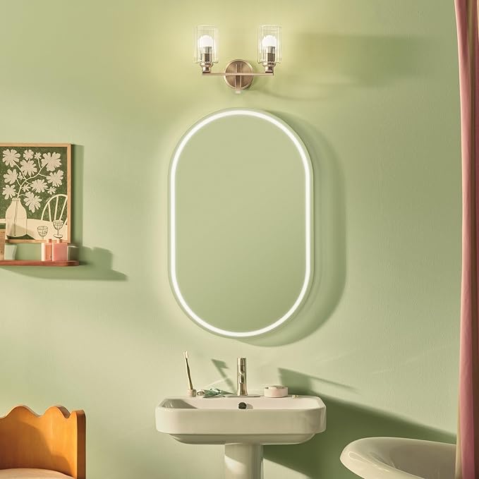 Kichler Gioe 14.25" 2-Light Vanity Light with Clear Fluted Glass in Champagne Bronze, Damp Rated, for Bathroom, Powder Room, Over a Mirror, (14.25" W x 10.5" H), 55225CPZFLU