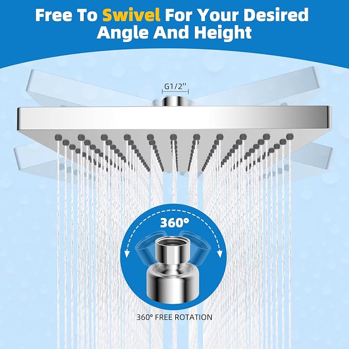 Hibbent cUPC Certified Thickness Metal 8'' Square Rain Shower Head, Chrome | High Pressure Shower Head, Bathroom Waterfall Shower Heads, High Flow Fixed Showerheads with Adjustable Brass Ball Joint