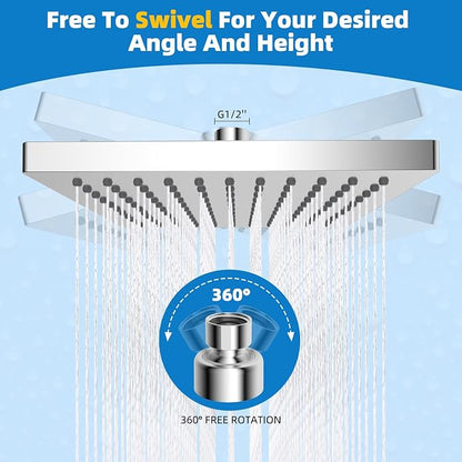 Hibbent cUPC Certified Thickness Metal 8'' Square Rain Shower Head, Chrome | High Pressure Shower Head, Bathroom Waterfall Shower Heads, High Flow Fixed Showerheads with Adjustable Brass Ball Joint