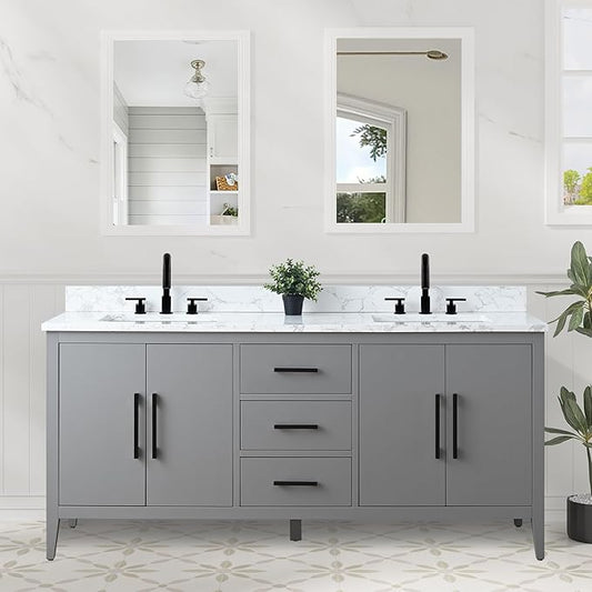 HomeBeyond 72 Inch Bathroom Vanity with Sink & Ceramic Top, Double Vanity Cabinet with Basin, Soft-Closing Doors & Matte Black Hardware, Grey