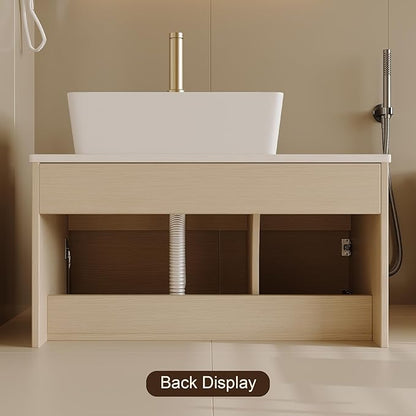 32" Floating Bathroom Vanity with Single Sink, Modern Wall Mounted Bathroom Vanities with Above Ceramic Basin, Wood Bathroom Vanity Cabinet with 1 Drawers and 2 Storage Cabinets, Natural