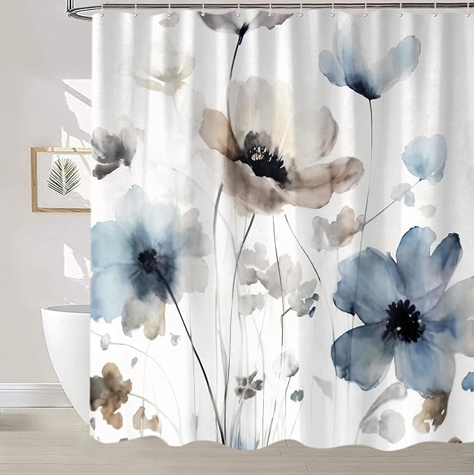 Sanzugh Boho Floral Extra Long Shower Curtain, Cute Cream Tan Beige Blue Grey White Watercolor Flower Fabric Shower Curtains Set for Bathroom Decoration with Hooks 72 X 96 inch Farmhouse Bath Decor