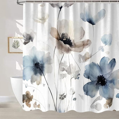Sanzugh Boho Floral Shower Curtain, Cream Tan Beige Blue Grey White Watercolor Flower Fabric Shower Curtains Set for Bathroom Decoration with Hooks 60 X 72 inch Cute Farmhouse Bath Decor