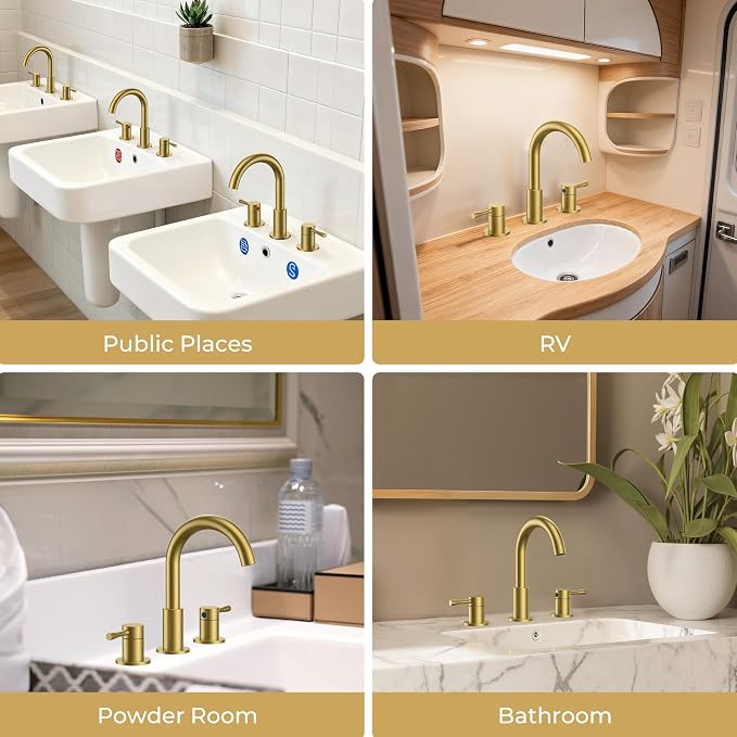 FORIOUS Bathroom Faucet 3 Hole, 360° Swivel 8 Inch Sink Faucet Brushed Gold | with Pop Up Drain, 2 Handles,for Sink Vanity RV Lavatory Farmhouse, 304 Stainless Steel, Lead-free, Leakproof