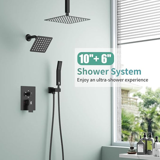 Shower Faucet Set Shower System - SR SUN RISE Matte Black Shower Trim Kit with Dual Shower Head, 10'' Ceiling Rainfall 6'' Wall Mount with Handheld Shower for Couples, Complete 6 Diverter Valve