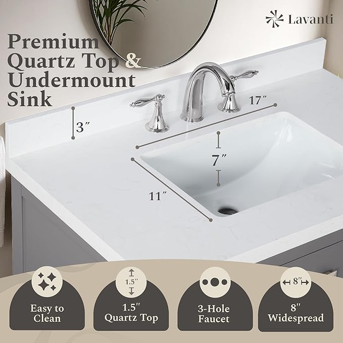 Lavanti Oakford 36 Inch Bathroom Vanity with Sink – Stylish Gray Vanity Bathroom with Storage Cabinet – Modern Bathroom Vanities with Single Vanity Sink & Quartz Countertop