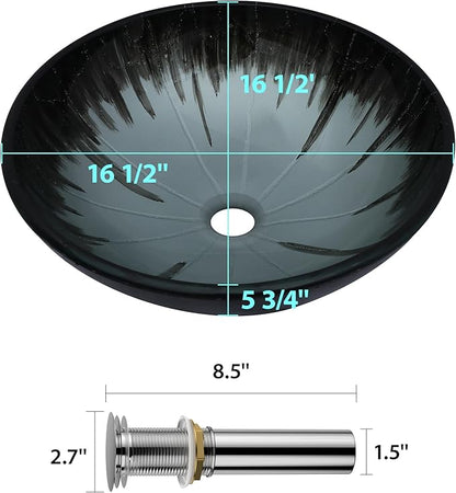 Logmey 16" Glass Bathroom Vessel Sink Vanity Countertop Round Bowl with Chrome Pop up Drain Set,Glass Art Basin,Grey-Black Gradient