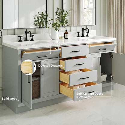 ARIEL Hepburn 72-inch Bathroom Vanity with Sink,Solid Wood, 1.5-inch Pure White Quartz Countertop & Backsplash, Double Rectangular Porcelain Sink, 4 Soft Closing Doors, 6 Dovetail Drawers, Grey