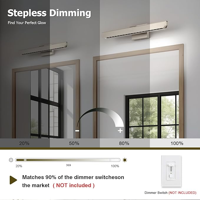24" Brushed Nickel LED Vanity Light Bar for Bathroom Mirror, Dimmable 6000K White, Modern Wall Fixture for Bathroom & Bedroom Lighting Over Mirror, Hardwired Installation