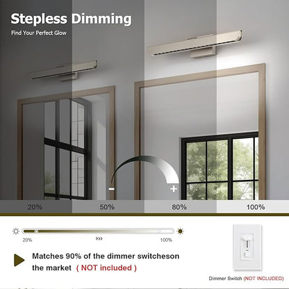 24" Brushed Nickel LED Vanity Light Bar for Bathroom Mirror, Dimmable 6000K White, Modern Wall Fixture for Bathroom & Bedroom Lighting Over Mirror, Hardwired Installation