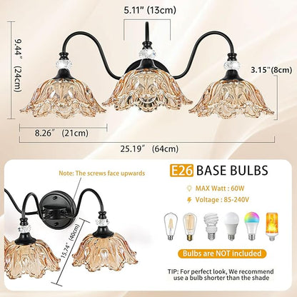 Black Bathroom Vanity Light,3-Light Vanity Light with Floral Amber Glass Shades,Vintage Farmhouse Wall Mount Lighting for Bathroom, Dressing Table