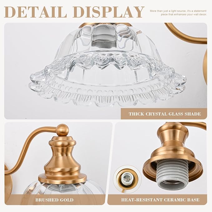 Gold Bathroom Light Fixtures Over Mirror, 3 Light Vintage Bathroom Vanity Light Fixture with Clear Flower Glass Shades, Retro Brass Vanity Lights for Bathroom, Bathroom Vanity Lights Over Mirror