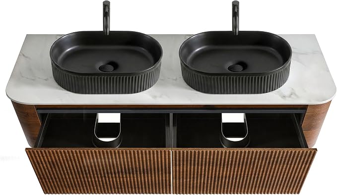 60" Preassembled Double Floating Bathroom Vanity with Black Sink, Walnut | Mid-Century Modern Style, Fluted & Soft-Close Drawer with U-shaped Wall, Sinterted Stone Countertop, Towel Rack Included