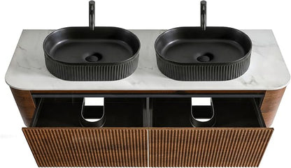 60" Preassembled Double Floating Bathroom Vanity with Black Sink, Walnut | Mid-Century Modern Style, Fluted & Soft-Close Drawer with U-shaped Wall, Sinterted Stone Countertop, Towel Rack Included