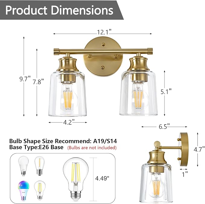 Bathroom Light Fixtures Over Mirror, 2 Lights Vanity Lights with Clear Glass Shade, 12.1" Gold Farmhouse Bathroom Wall Light Fixtures for Bedroom, Porch, Hotel, Mirror Cabinet