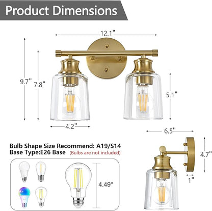 Bathroom Light Fixtures Over Mirror, 2 Lights Vanity Lights with Clear Glass Shade, 12.1" Gold Farmhouse Bathroom Wall Light Fixtures for Bedroom, Porch, Hotel, Mirror Cabinet