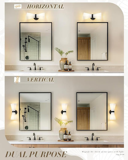 Black Wall Sconces Set of Two, HWH Modern Wall Light Fixtures Indoor Wall Lamp Up and Down, Matte Black Finish with Frosted Milk White Striped Glass Shade, 5HZG97B-2W-2PK BK