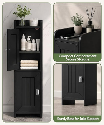 Akxomel Small Bathroom Cabinet Narrow Toilet Paper Organizer Black | 7.9''D x 7.9''W Bathroom Organizer and Storage Cabinet for Small Space, Slim Corner Unit with Adjustable Shelf