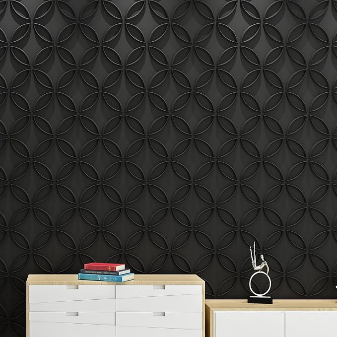 Art3d PVC 3D Wall Panel Interlocked Circles in Matt Black Cover 32 Sq.ft, for Interior Ceiling and Wall Decor for Residential or Commerical | Waterproof, Scratch Resistant, Wall & Ceiling Decor Panels, Ideal for Commercial Spaces