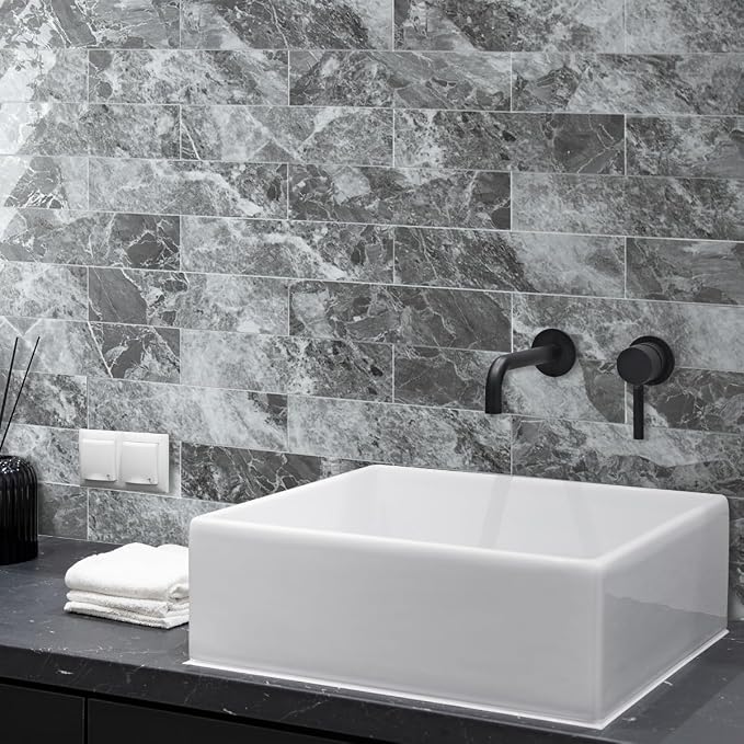AULIGET 40-Piece Polished Grey Marble with Silver Peel and Stick Backsplash Wall Tiles, 3" x 12" PVC Faux Stone Stick on Tiles for Backsplash Kitchen, Bathroom, Laundry Room, Camper, Fireplace