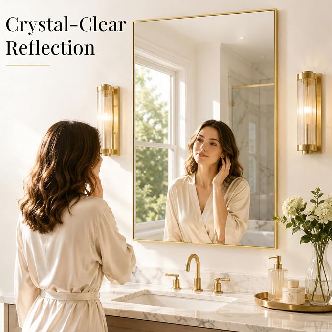 36"x24" Brushed Gold Framed Rectangle Bathroom Vanity Wall Mirror | Over-Sink Vanity Mirror, Slim Metal Frame, Entryway or Dresser Use, Vertical/Horizontal Mount, Tempered Glass