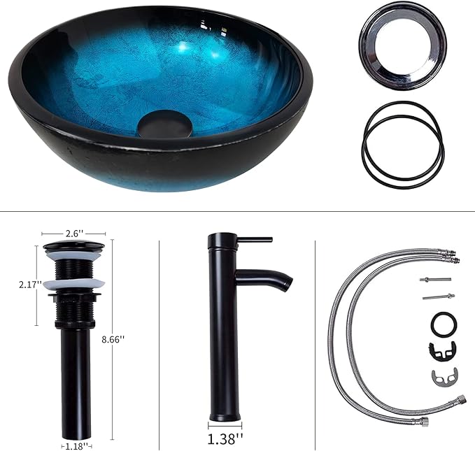 Vessel Sink 12" Bathroom Sinks Tempered Glass Blue Art Basin Round Bowl with Faucet Combo, Blue