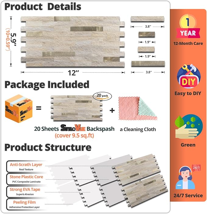 StyloVue 20 Sheets Kitchen Peel and Stick Backsplash Tiles, Beige with Metal Gold Look Stick on Backsplash for Kitchen, RV, Fireplace