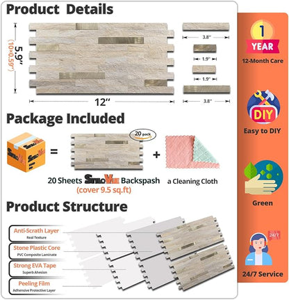 StyloVue 20 Sheets Kitchen Peel and Stick Backsplash Tiles, Beige with Metal Gold Look Stick on Backsplash for Kitchen, RV, Fireplace