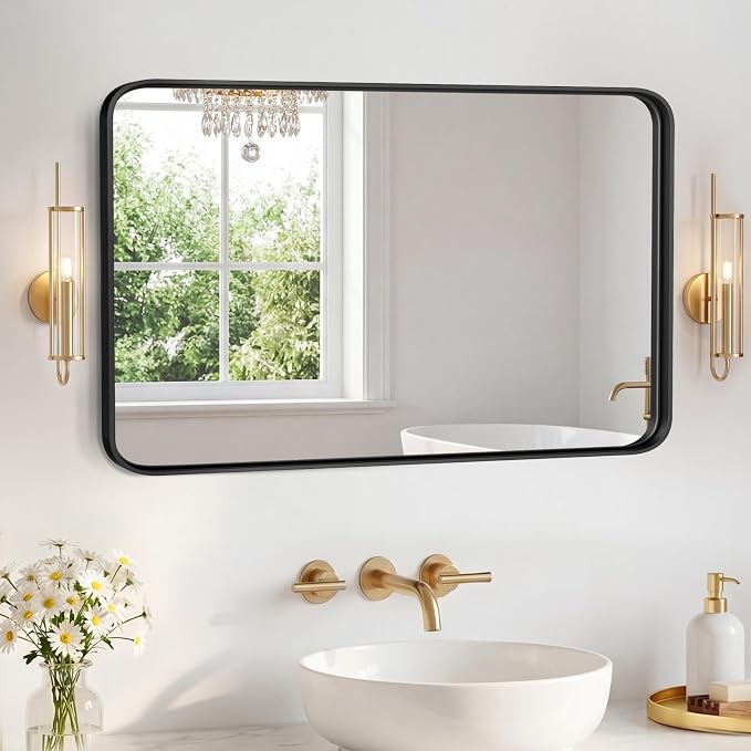 NEWBULIG 24"x36" Wall Mirror, Bathroom Mirrors for Over Sink, Black | Matte Metal Framed Vanity Mirror with Tempered Glass, Entryway, Living Room, Bedroom